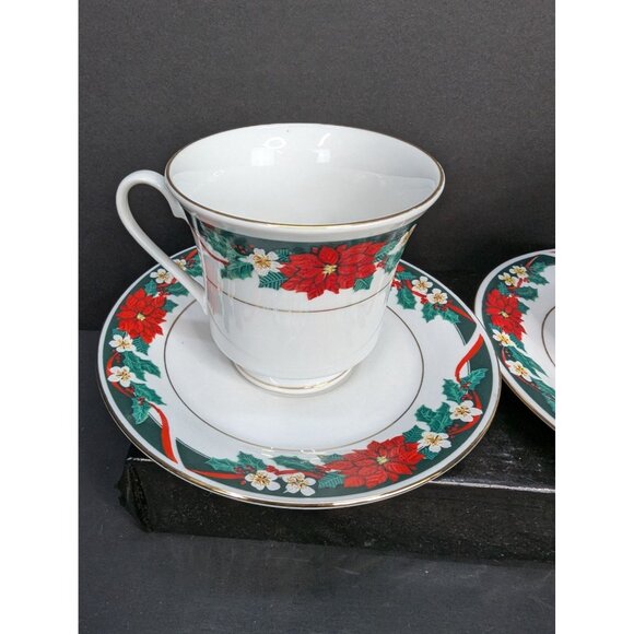Tienshan Deck The Halls Footed Cup and Saucer Set 6 Oz Lot of 2 - Picture 2 of 10
